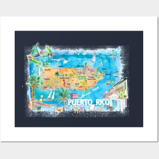 Puerto Rico Islands Illustrated Travel Map with Roads and HighlightsS Posters and Art